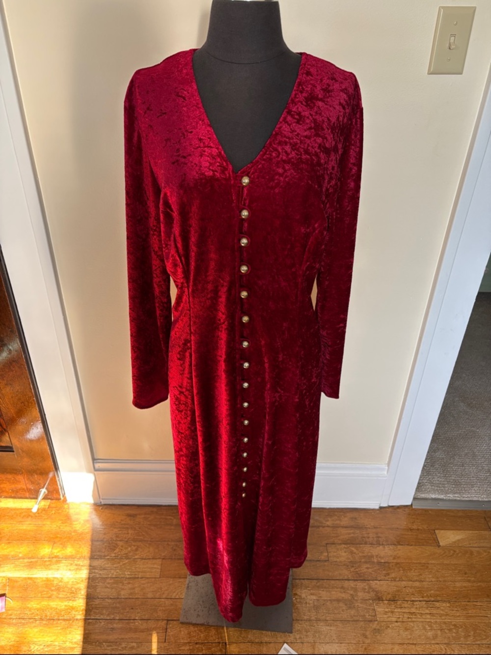Vintage Red Crushed Velvet Long Sleeve Full Button-Front Corset Back